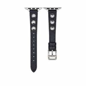 Cinturino per orologio in pelle nera con decoro di borchie metalliche, compatibile.
