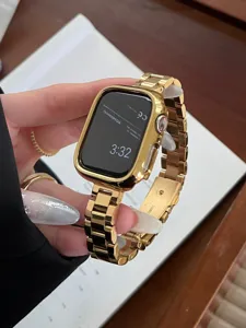 Cinturino e cassa per orologio in metallo acciaio inossidabile lucido compatibili Apple Watch, oro.