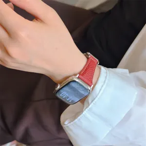 Bracelet de montre en cuir veritable rouge compatible Apple Watch, bracelet elegant avec boucle.