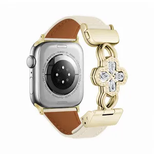 Bracelet de montre en cuir de rechange avec pendentif trèfle en zircon pour Apple Watch