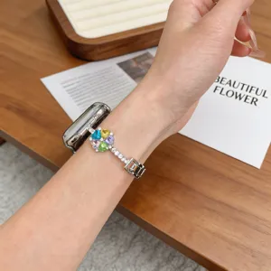 Bracelet de montre en métal avec fleurs en cristal colorées pour iWatch série.