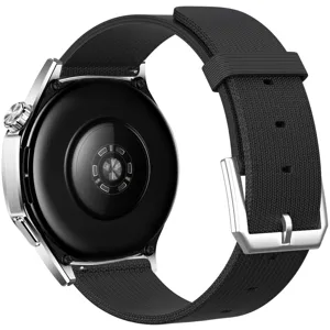 Vervangend geweven stoffen horlogebandje voor smartwatches, zwarte nylon band met zilveren gesp.