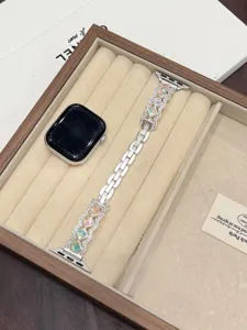 Metal wave rhinestone watch band compatible with Apple Watch Series, luxury replacement strap.