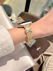 Gold rhinestone bow apple watch band luxury sparkly metal strap for smart watch replacement