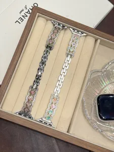 Metal replacement strap compatible with Apple Watch, sparkling rhinestone geometric design band.