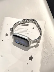 Sparkling diamond bow watch strap compatible with Apple Watch S10 S11 SE 9 8 7 6 silver band.