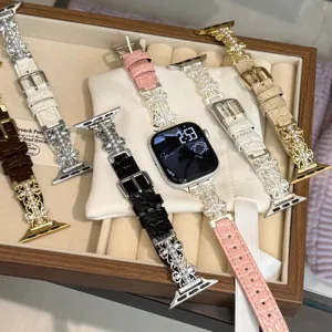 Modisches Leder und Metall Ersatz Smartwatch Armband mit Künstliche Perle Dekoration