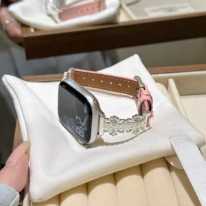 Perlen Metall und rosa Leder Ersatz Uhrenarmband kompatibel mit Apple Smartwatch Luxus Stil