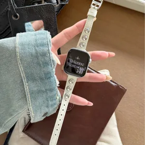 Cinturino per Orologio Intelligente in Pelle con Perle Tonde in Metallo Cinturino di Ricambio Compatibile per Apple Watch Huawei Xiaomi