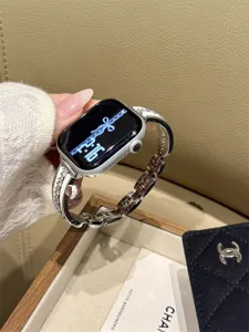Cinturino per orologio in metallo e pelle zircone stile coreano compatibile Apple Watch, chic.