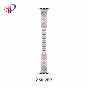 Silver metal watch band compatible with Apple Watch featuring pink square stones and clear crystals.
