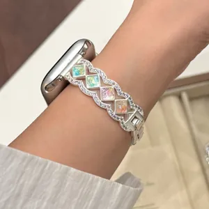 Metal rhinestone watch strap compatible with Apple Watch, sparkling crystal wave band.