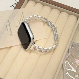 Metal replacement watch strap for Apple Watch with wavy rhombus design and colorful stones.