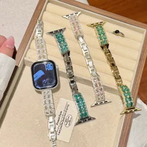 Bracelet de montre en métal diamanté de luxe compatible Apple Watch émeraude design rose