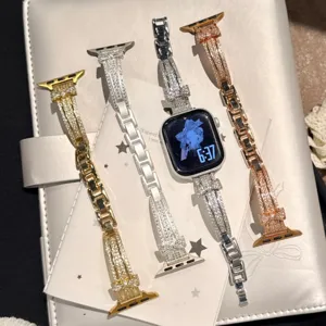 Diamond rhinestone watch band with 3D bow design compatible with Apple Watch series.