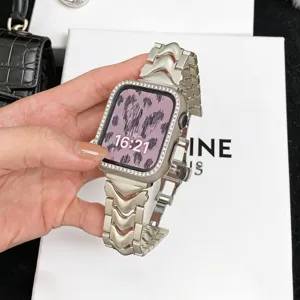 Metall Uhrenarmband und Gehaeuse fuer Apple Watch, kompatibel mit Serien, Luxus-Design.