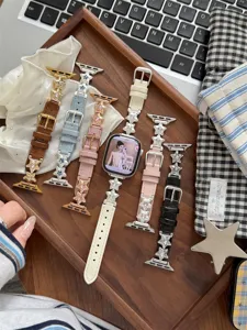 Bracelet de montre en cuir veritable etoile zircon compatible avec Apple Watch, chic et luxe.