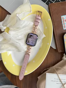 Bracelet de montre en cuir rose avec liens etoiles strass, compatible montres connectees beau.