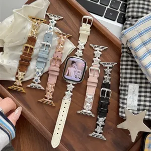 Bracelet de Montre en Cuir Véritable Pendentif Étoile Strass Bracelet de Rechange Compatible avec Apple Watch Mode Femme