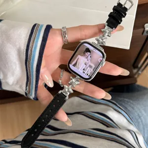 Bracelet en cuir etoile Y2K pour Apple Watch bracelet noir elegant breloques en metal de luxe