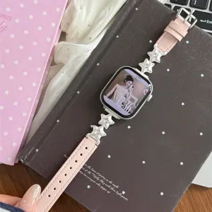 Bracelet de montre en cuir rose avec breloques etoiles strass pour Apple Watch SE