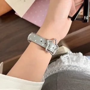 Bracelet de montre en cuir gris avec boucle en étoile pour Apple Watch, élégant bracelet de rechange.