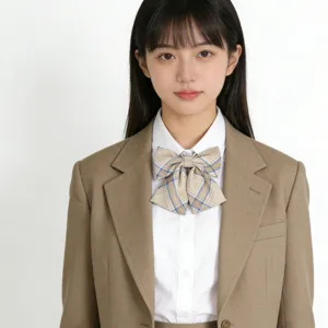 Gros plan détail du nœud papillon à carreaux de l'uniforme scolaire japonais classique.
