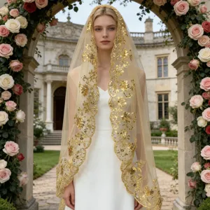 Voile de Mariée à Sequins Dorés de Luxe Voile de Mariage Tulle à Paillettes pour Femmes Accessoires de Cheveux de Fête