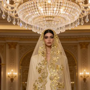 Gros plan détaillé d'un voile de mariée luxueux brodé de sequins dorés dans un décor de palais.