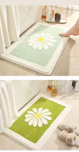 Fluffy daisy bath mat with soft tufted floral design, anti-slip backing for bathroom and door.
