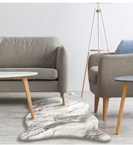Faux rabbit fur living room rug with grey marble pattern, soft and luxury floor mat for home.