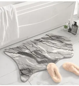 Faux rabbit hair irregular grey marble texture rug detail, soft plush mat for bedroom decor.