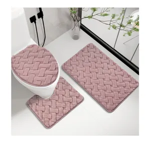 Faux rabbit fur bathroom mat 3 piece set, thick plush non slip floor and toilet rugs pink.