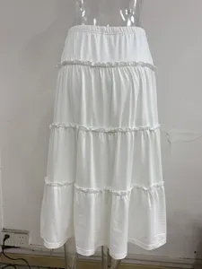 White tiered maxi skirt for women, plus size elastic waist ruffle edge long swing skirt.