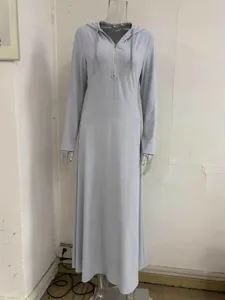 Casual long sleeve hooded maxi dress with half zipper, slim fit ribbed long dress.