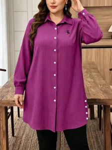 Purple long sleeve plus size vertical striped casual blouse for women elegant fall daily wear.