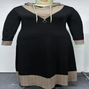 Plus size color block hooded long sleeve casual dress with half zip detail view
