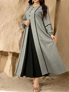 Autumn grey black colorblock long robe, round neck lantern sleeve loose plus size maxi dress.
