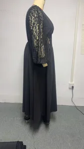 Black lace long sleeve maxi dress, elegant V-neck design with slimming fit and detailed view.