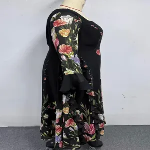 Floral print long sleeves and ruffle details on this black plus size dress showcase fine craftsmanship.