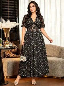 Floral v-neck lace waist midi dress detail, elegant flutter sleeve design for daily wear.