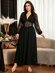 Black lace V-neck long sleeve maxi dress with boned waist detail for elegant autumn style.