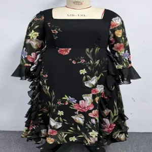 Plus size floral square neck long sleeve ruffle dress elegant black maxi dress for women.