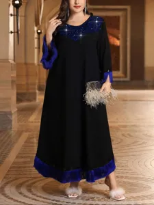 Abito maxi elegante taglia forte da donna con paillettes e orlo con frange alla moda.