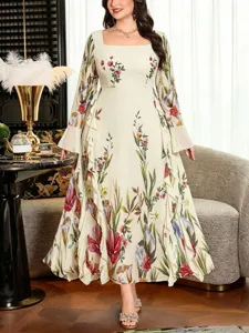 Elegant floral maxi dress featuring a chic square neck and long bell sleeves details.
