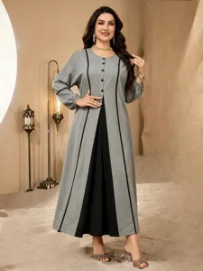 Autumn grey black colorblock long sleeve maxi dress plus size casual loose modest robe
