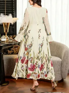 Autumn new floral square collar flare long sleeve plus size elegant dress, detailed view.