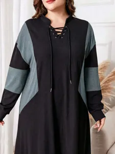 Robe décontractée grande taille manches longues blocs de couleur col lacets.
