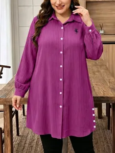 Plus size purple textured long sleeve button down shirt detail, casual lapel tunic blouse.