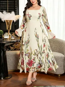 Floral print square neck long sleeve ruffle maxi dress detail showcasing elegant style.